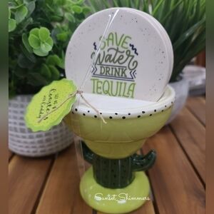5PC set Tequila Margarita Drink Ceramic Coasters w Cactus Caddy / Holder New
